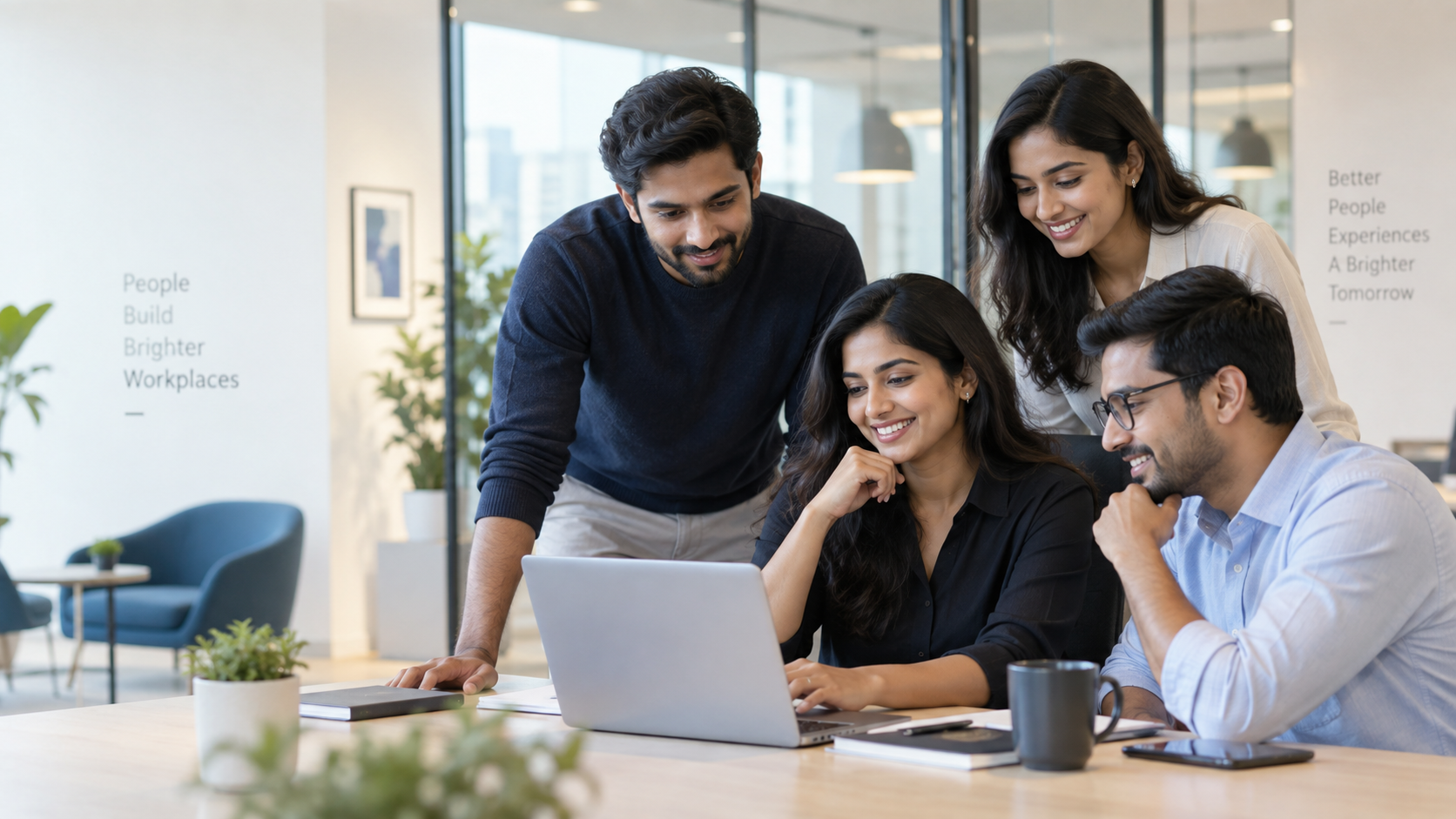 An HR team collaborating around their workspace